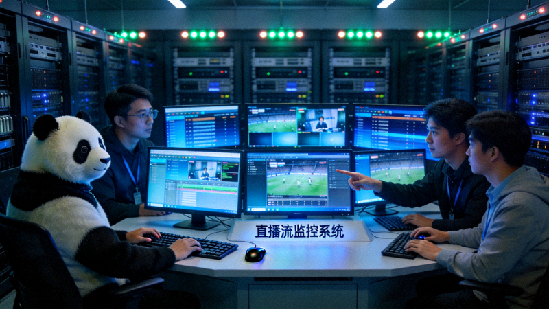 熊猫体育技术团队在数据中心监控直播流状态的工作场景