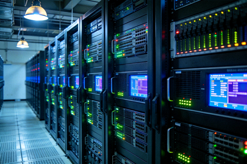 熊猫体育视频编码中心内部，显示多台高性能编码服务器正在工作